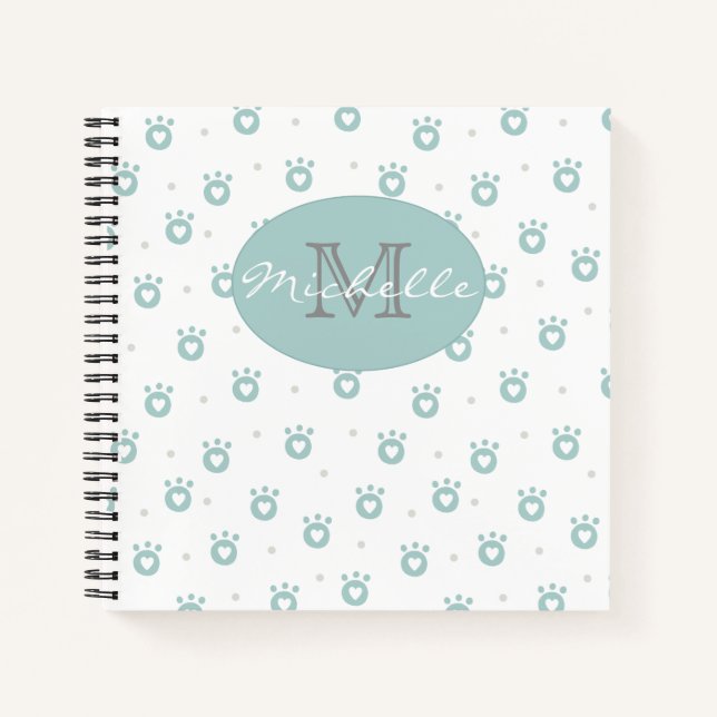 Carnet Pâtes de chat vert Teal mignonnes avec les coeurs  (Devant)