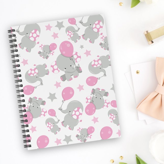 Carnet Pattern of Elephants, Cute Elephants - Pink Gray (Créateur téléchargé)