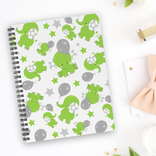 Carnet Pattern of Green Elephants, Cute Elephants, stars