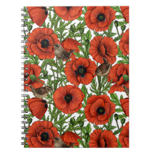 Carnet Pavot rouge et brindilles, feuilles verts sur blan