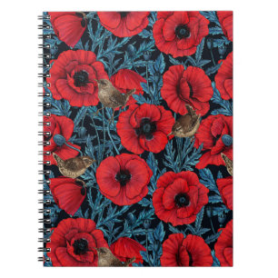 Carnet Pavot rouge et brunes, feuilles bleus sur noir