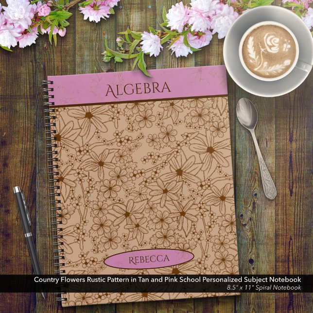 Carnet Pays Fleurs Tan Pink Nom du sujet de l'école (Country Flowers Tan & Pink Spiral Notebook: Personalize Your Name & Customize the School Subject )