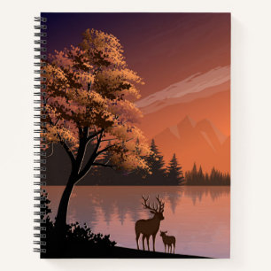 Carnet Paysage du lever du soleil avec lac et Deers-51207