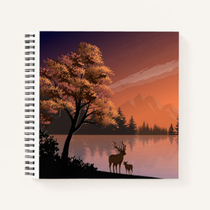 Carnet Paysage du lever du soleil avec lac et Deers-51207