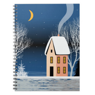 Carnet Paysage nocturne d'hiver. Maison cosy, divers arbr