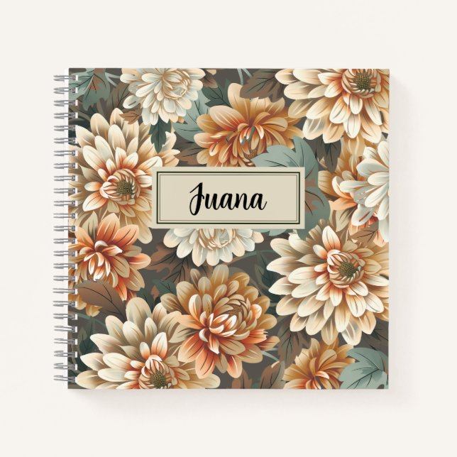 Carnet Peach Beige Chrysanthemum Floral Spiral Notebook (Devant)