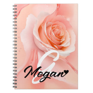 Carnet Peach Fuzz Rose Arrière - plan Monogramme Nom Coeu