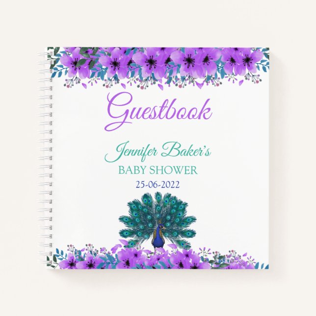 Carnet Peacock vert et bleu | Fleurs d'aquarelle violette (Devant)
