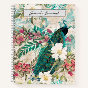 Carnet Peacock Vintage personnalisé et rose floral