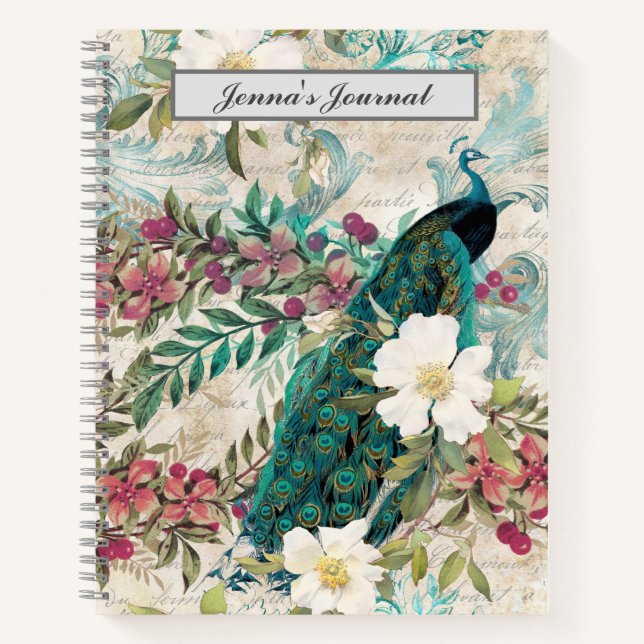 Carnet Peacock Vintage personnalisé et rose floral (Devant)