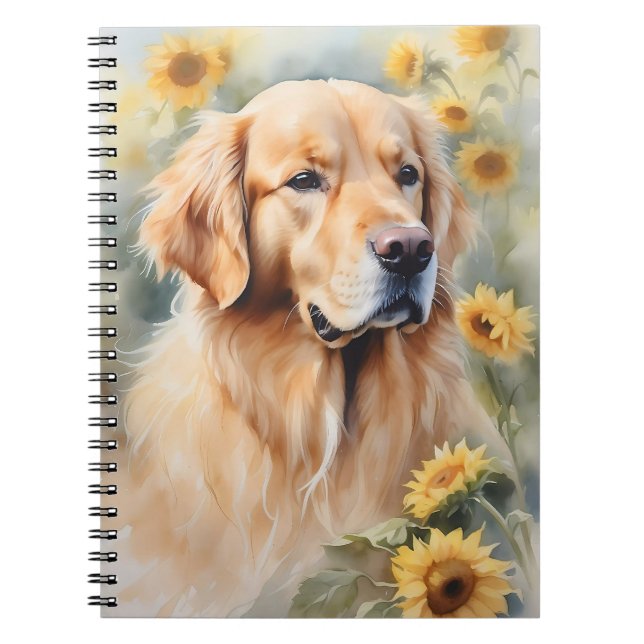 Carnet Peinture aquarelle Golden Retriever et tournesol (Devant)