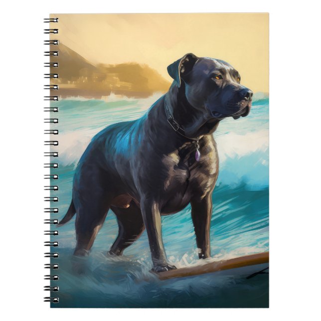 Carnet Peinture de Cane Corso faisant du surf sur la plag (Devant)
