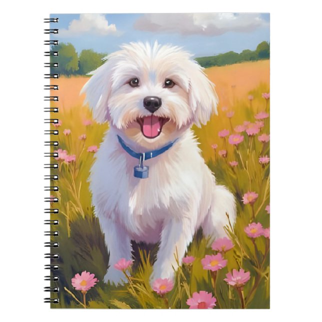 Carnet Peinture de champ de fleurs de chien maltais (Devant)