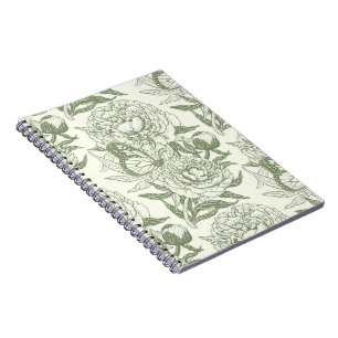 Carnet Peoné et papillons bloc impression, sauge vert et