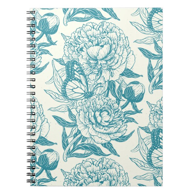 Carnet Peonies et papillons bloc imprimé, lagon Bleu a (Devant)