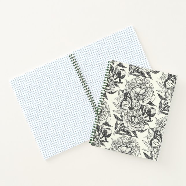 Carnet Peonies et papillons bloquent l'impression, noir e (Intérieur)