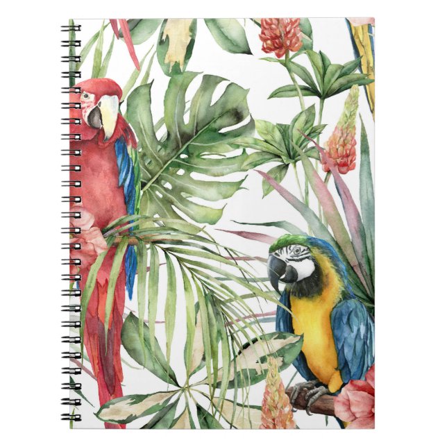 Carnet Perroquets tropicaux, hibiscus : motif d'aquarelle (Devant)