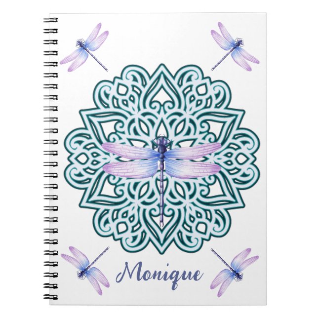 Carnet Personalisé bleu violet Mandala Dragonfly Blanc (Devant)