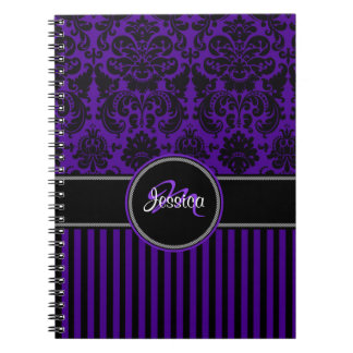 Carnet Personalisé violet noir blanc rayé Damas
