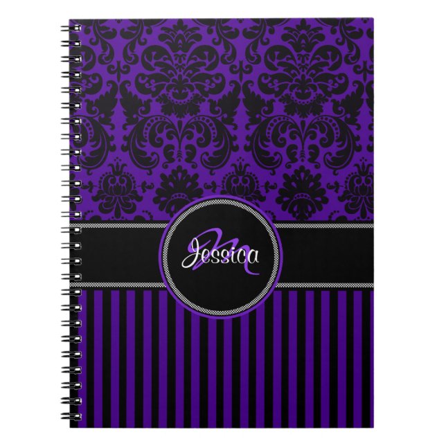 Carnet Personalisé violet noir blanc rayé Damas (Devant)