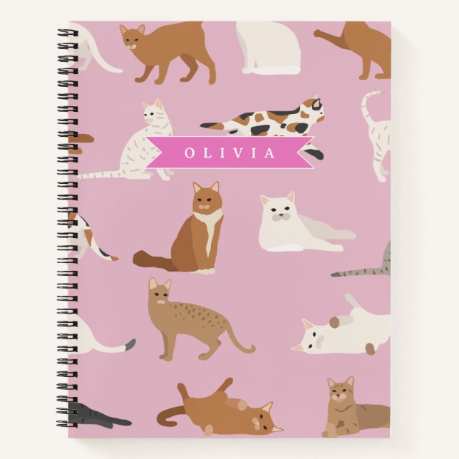 Carnet Personalized Cute Pink Cat Pattern Gift Cat Lover (Devant)