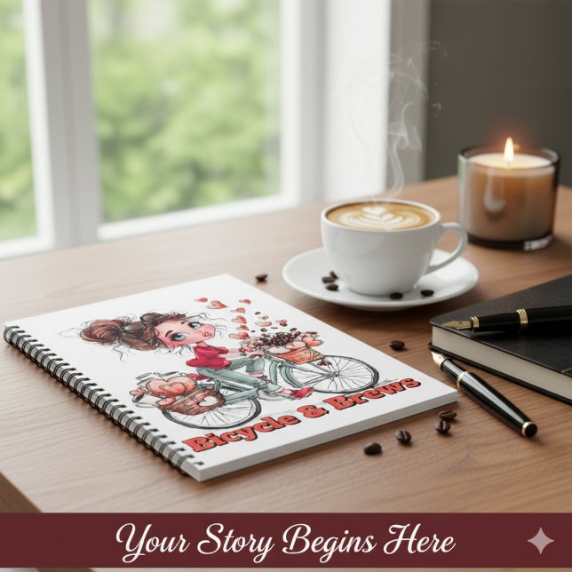 Carnet Personalized Cute Watercolor Girl Bicycle & Brews  (Créateur téléchargé)