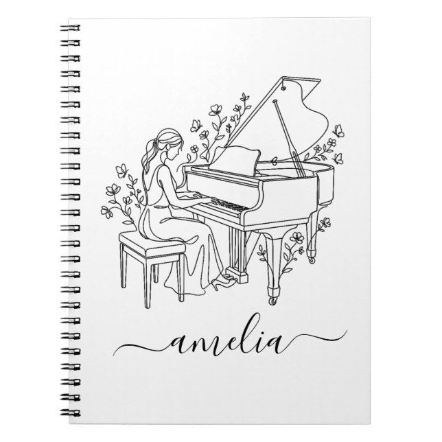 Carnet Personalized Female Piano Player Line Drawing      (Devant)