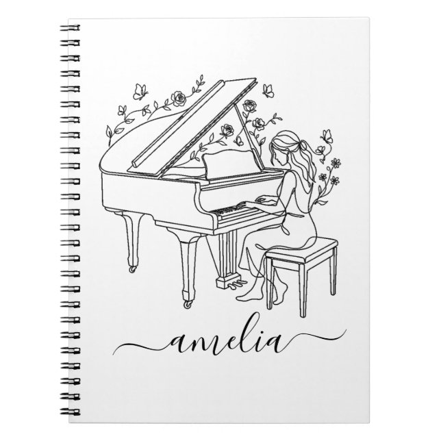 Carnet Personalized Female Piano Player Line Drawing      (Devant)