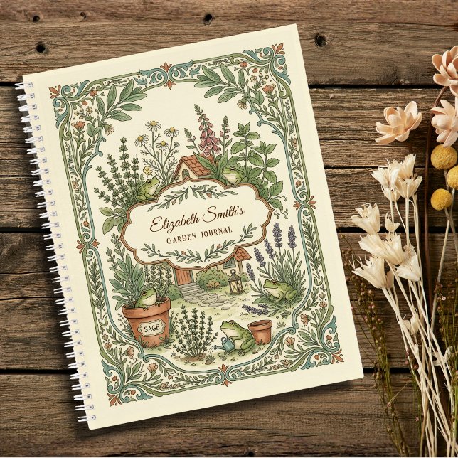 Carnet Personalized Frog Herb Cottage Garden Notebook  (Cute illustration frog herb garden journal with personalized name and label)