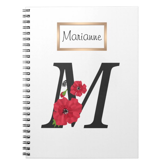 Carnet Personalized monogram editable M text red flower (Devant)