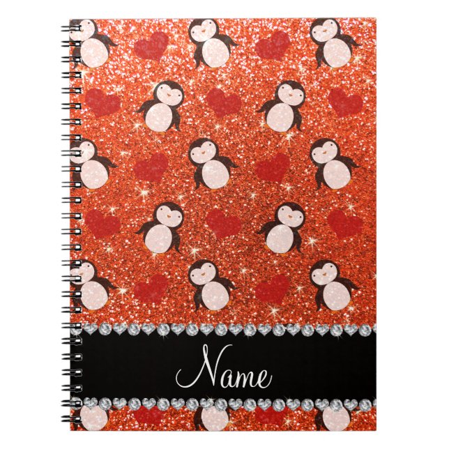 Carnet Personalized name orange glitter penguins hearts (Devant)