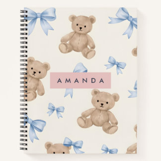 Carnet Personalized Teddy Bear & Blue Bow Pattern
