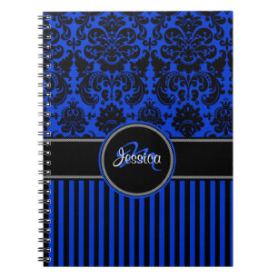 Carnet Personnalisé Bleu Noir Blanc rayé Damas