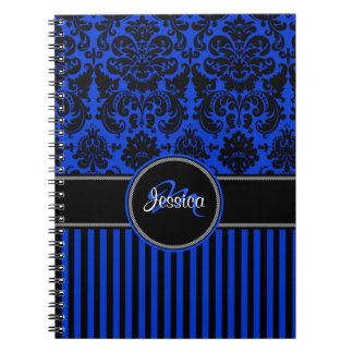 Carnet Personnalisé Bleu Noir Blanc rayé Damas