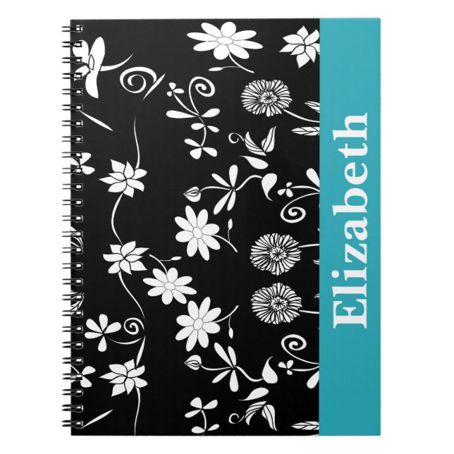 Carnet Personnalisé Chevron Floral Noir Blanc Monogramme (Devant)