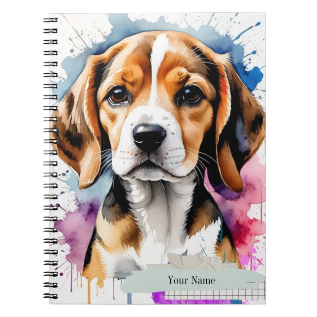 Carnet PERSONNALISÉ : Chiot Beagle mignon aquarelle (Devant)