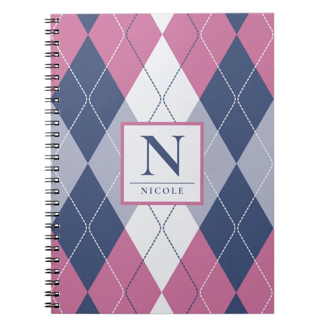 Carnet Personnalisé Dusty Rose & Navy Blue Preppy Jacquar (Devant)