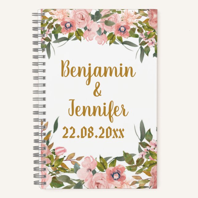Carnet Personnalisé Élégant Rose Floral Verdure Mariage F (Recto)