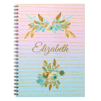 Carnet personnalisé floral turquoise et or