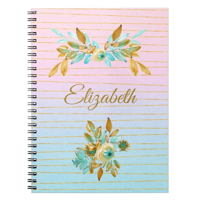 Carnet personnalisé floral turquoise et or (Devant)