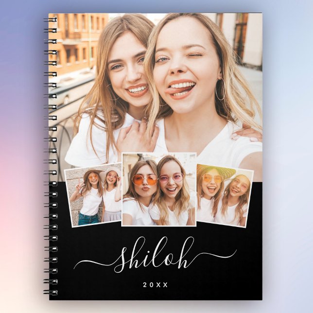 Carnet Personnalisé Nom Moderne tendance Script 4 Photo C (Notebook magic! Your custom name, trendy script, and 4-photo collage diary!)