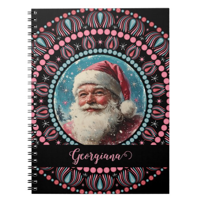 Carnet Personnalisé Retro Père Noël Pinkmas Floral Mandal (Devant)