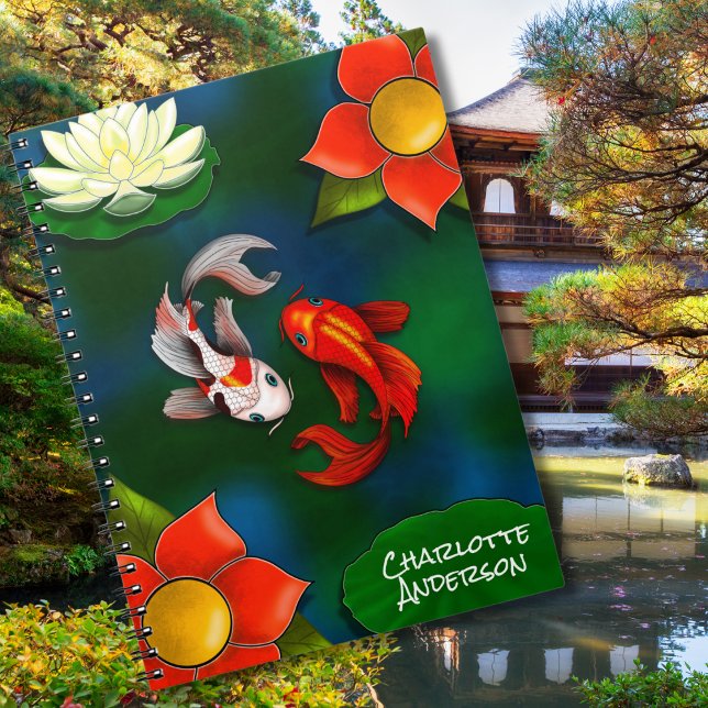 Carnet Personnalisé Yin Yang Koi Poisson Blanc Lotus Pond (Créateur téléchargé)