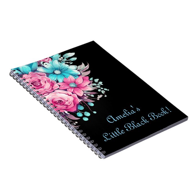 Carnet Personnaliser Joli rose et Turquoise noir floral (Côté Droit)