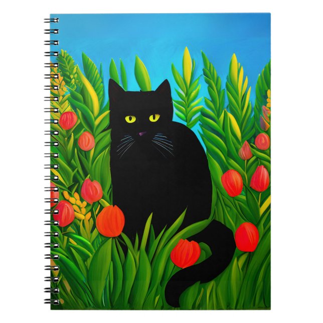 Carnet Petit chat noir dans un jardin de tulipes (Devant)