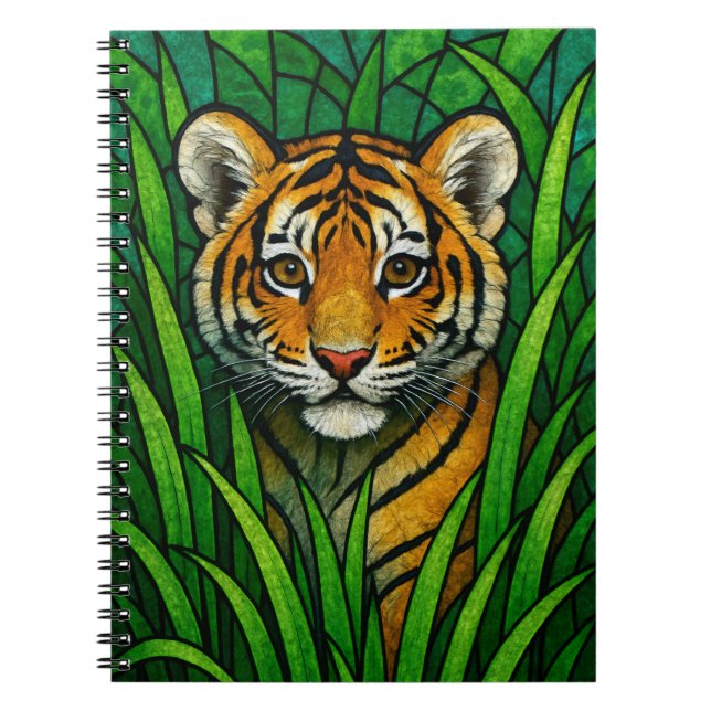 Carnet Petit tigre en herbe haute, vitrail art numérique (Devant)