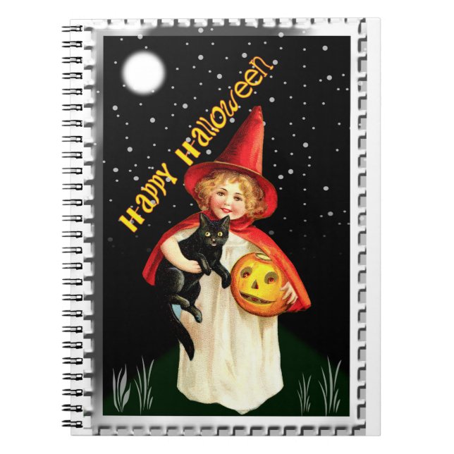 Carnet Petite fille nostalgique, Jack-o’-lanterne et chat (Devant)