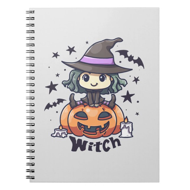 Carnet Petite Sorcière Mignonne Assise sur une Citrouille (Devant)