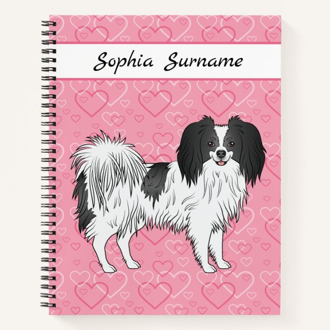 Carnet Phalène noir et blanc mignon chien sur coeurs rose (Devant)