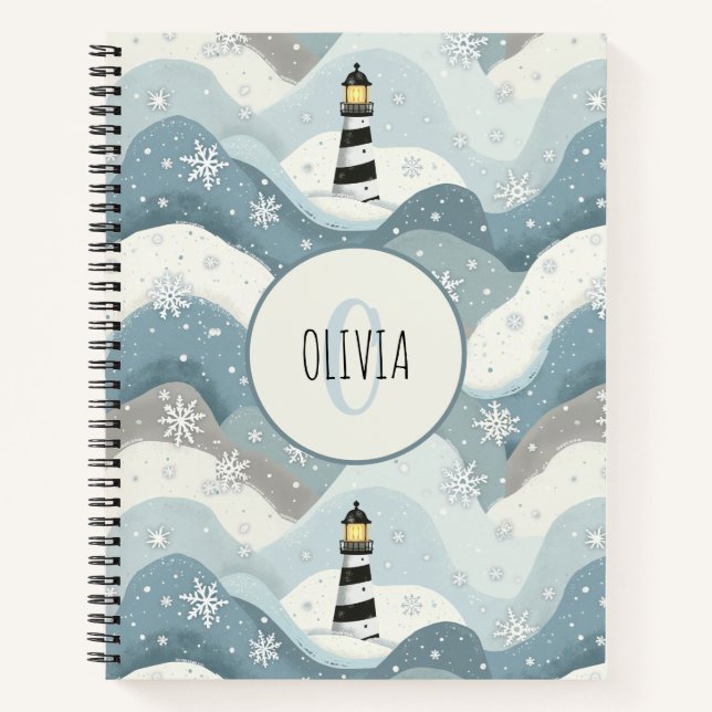 Carnet Phare aux vagues glacées Monogramme nautique d'hiv (Devant)